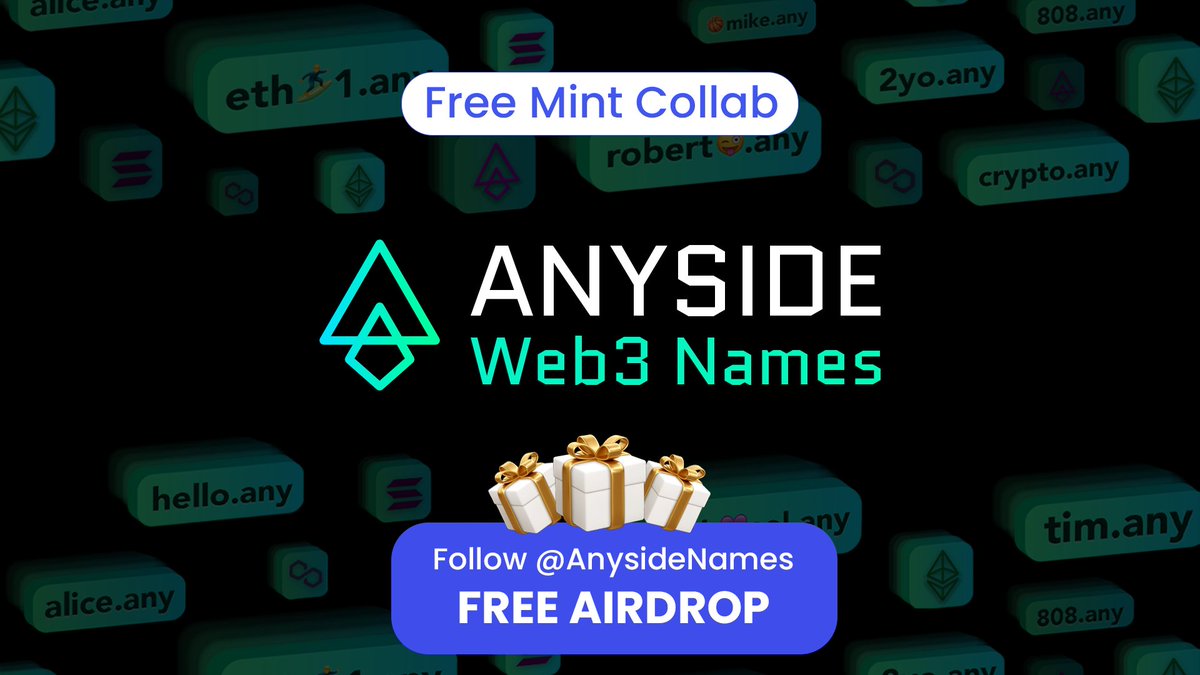 Rainbow Alpha (@rainbowalpha_) on Twitter photo 🔗 Free Anyside Airdrop 🎁
We're partnering with Anyside: Web 3 Name Service NFTs, cross-chain, and packed with utility from day 1.
Giving away 2x Premium names!
To enter:
▶️ Like & RT
▶️ Tag 3 frens
▶️ Follow <a href="/AnysideNames/">Anyside | NFT Name Service</a>, <a href="/RainbowAlpha_/">Rainbow Alpha</a> 🔗 Free Anyside Airdrop 🎁
We're partnering with Anyside: Web 3 Name Service NFTs, cross-chain, and packed with utility from day 1.
Giving away 2x Premium names!
To enter:
▶️ Like & RT
▶️ Tag 3 frens
▶️ Follow <a href="/AnysideNames/">Anyside | NFT Name Service</a>, <a href="/RainbowAlpha_/">Rainbow Alpha</a>