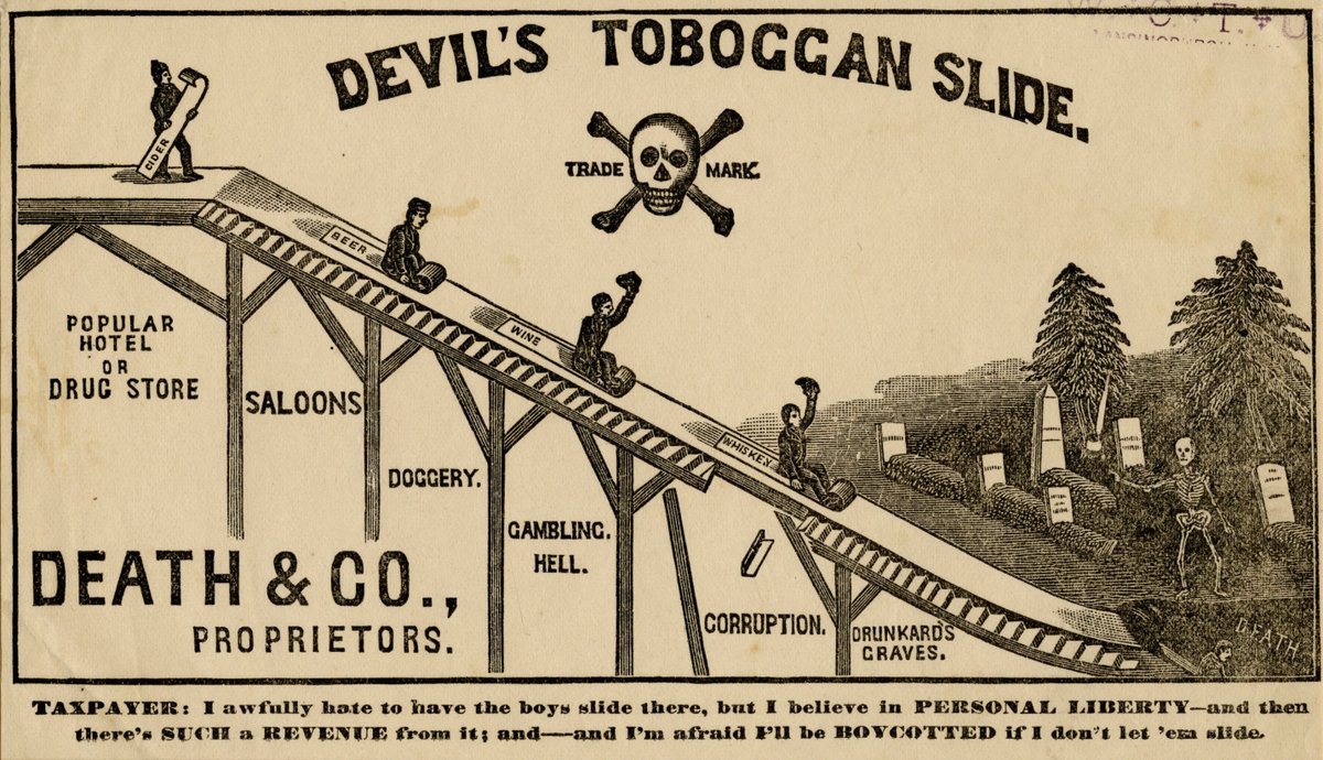 propagandopolis's tweet photo. American anti-alcohol print from 1887 showing a man tobogganing into alcoholism and death. Published by the National Temperance Society. https://t.co/yR4Pp4Epua