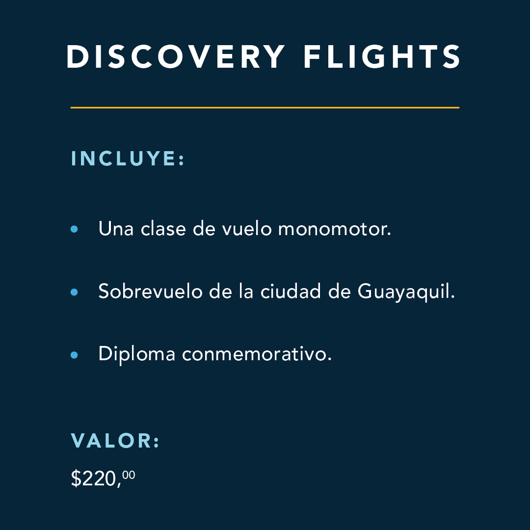 AeroClubEC's tweet photo. ¡Vive la experiencia de volar!

Nuestros Discovery Flights están diseñados para aquellas personas que estén interesadas en estudiar aviación, pero que aún tienen dudas sobre si esta profesión es la correcta para ellos. https://t.co/ZeHbRk77HU
