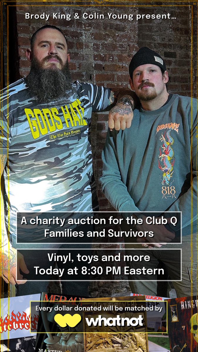 Brodyxking's tweet photo. Tonight we are doing a Charity Stream for the victims families and survivors of the Club Q shooting.

Vinyl records
Toys
Merch

Every dollar earned will be matched by @Whatnot . Come join and give to a good cause! https://t.co/T75Ku8UgNH https://t.co/pp1pTZJ3KB