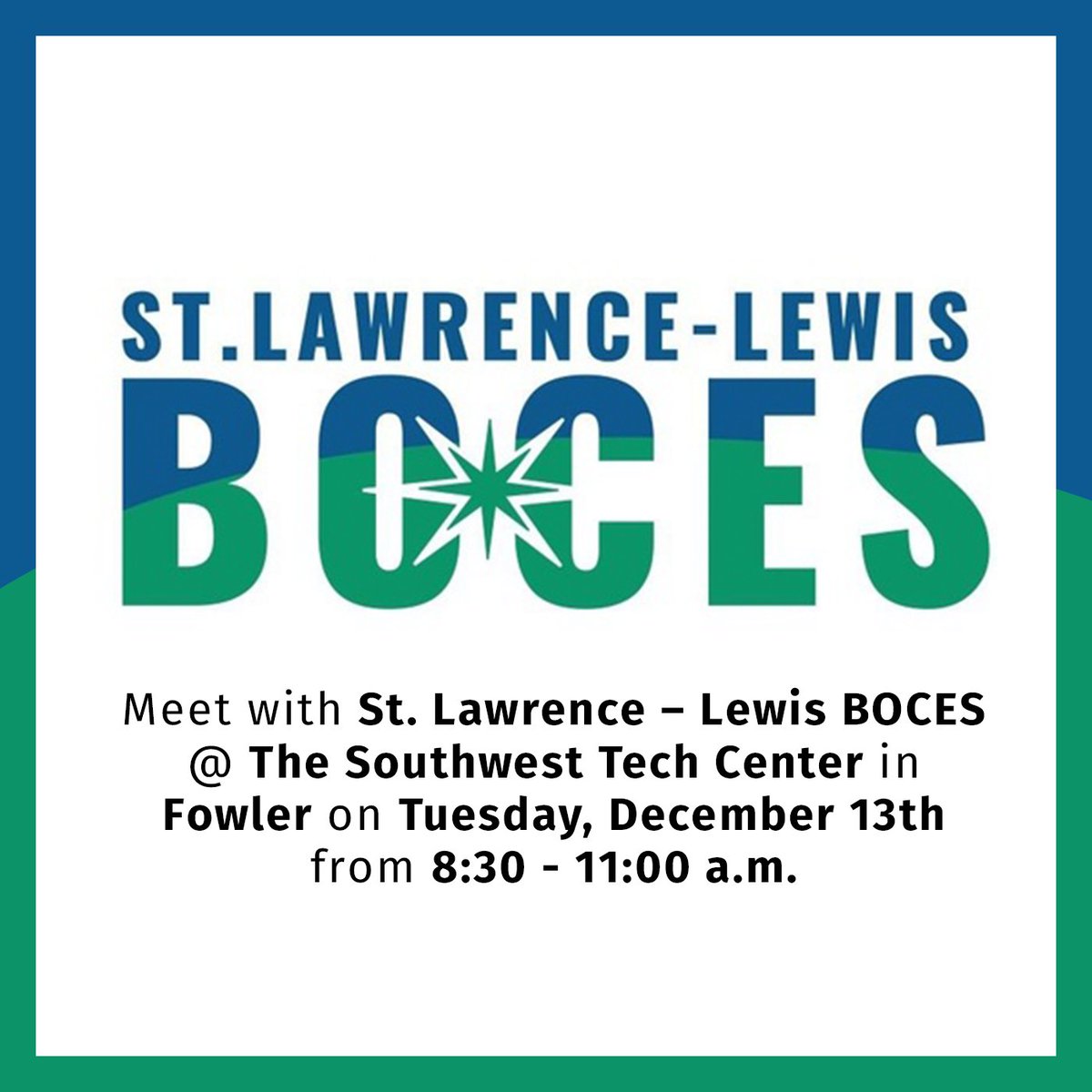 SLC_IDA's tweet photo. Please join us at the BOCES Southwest Tech Center in Fowler on Tuesday, December 13th from 8:30 to 11:00 AM to learn how you can strengthen your business with workforce development opportunities and services. Please register today at: https://t.co/ylP1noApaG https://t.co/DzTX0XpACU