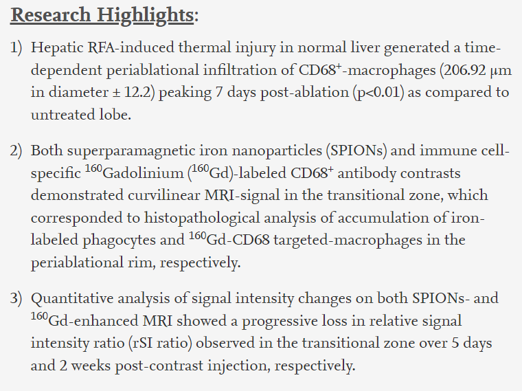 JuliusChapiro's tweet photo. Immensely proud to publish this work in @JVIRmedia, establishing non-invasive imaging of immune cells in the peri-ablational zone following  liver ablation. While a technical study, it's a first in mouse models, 9.4T scanner, with nano-probes pharmacodynamics. More to come! #irad https://t.co/DkMR80zJ6O