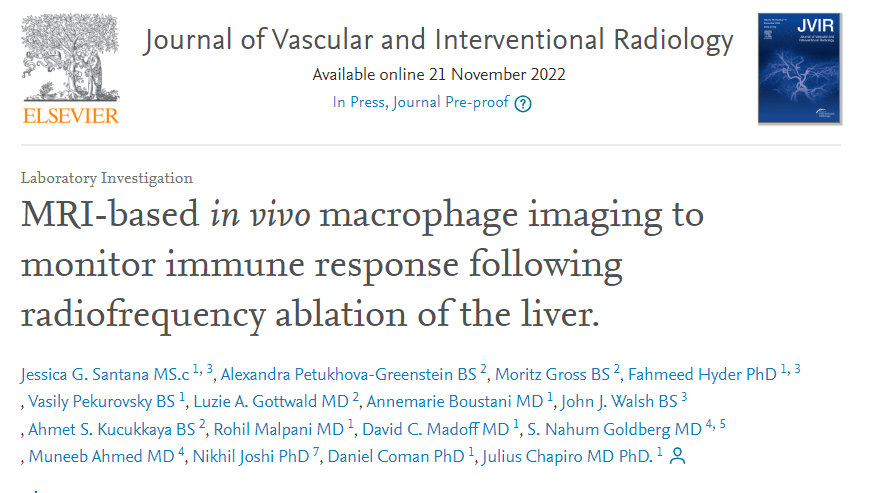 JuliusChapiro's tweet photo. Immensely proud to publish this work in @JVIRmedia, establishing non-invasive imaging of immune cells in the peri-ablational zone following  liver ablation. While a technical study, it's a first in mouse models, 9.4T scanner, with nano-probes pharmacodynamics. More to come! #irad https://t.co/DkMR80zJ6O