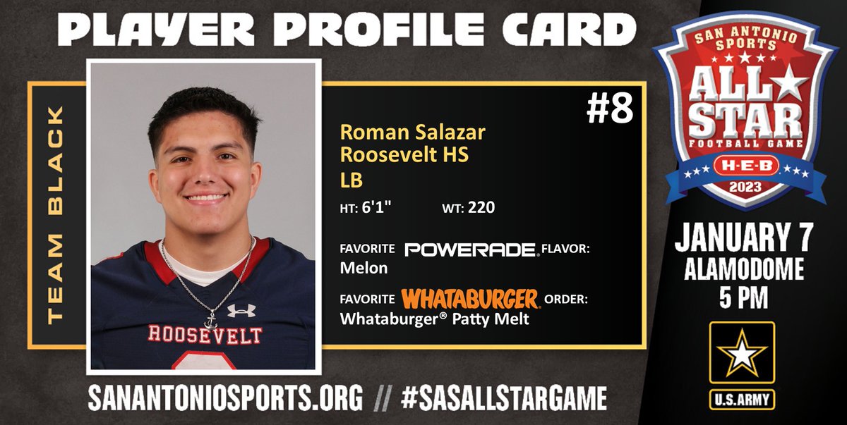 Meet <a href="/romansalazar_7/">Roman Salazar</a> from <a href="/TRRoughRiderFB/">Roosevelt Rough Riders</a> who will compete in the San Antonio Sports All-Star Football Game pres. by <a href="/HEB/">H-E-B</a> at the Alamodome on Jan. 7 <a href="/ArmySanAntonio/">GoArmy San Antonio</a> #SASAllStarGame <a href="/USArmy/">U.S. Army</a> #WhatsYourWarrior <a href="/POWERADE/">POWERADE</a> <a href="/Whataburger/">Whataburger®</a>

<a href="/mattcarroll2121/">Matt Carroll</a> <a href="/WeAreTRHS/">Theodore Roosevelt High School - NEISD</a> @TRsportsbooster