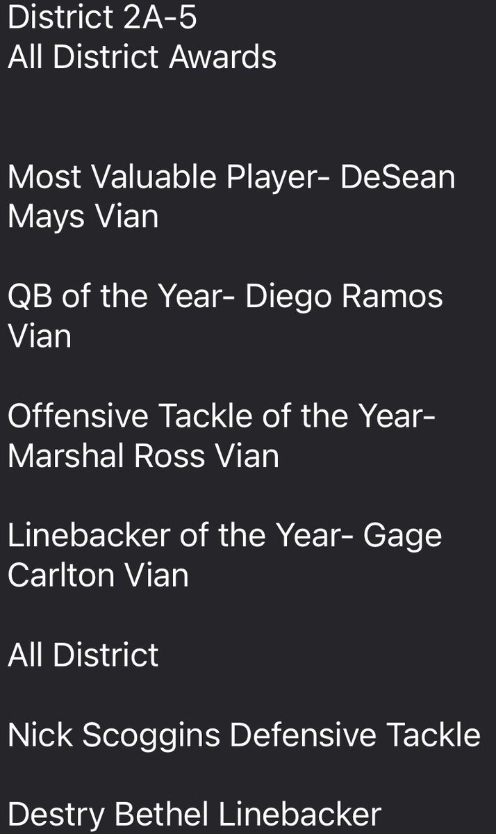 Thank you VIAN for a great year of support for these boys! We had a great season although coming up a bit short. I want to congratulate these guys and recognize them for their efforts this year in District 2A-5!