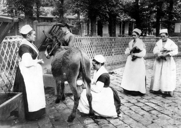 Enfermeras llevando a mamar bebés de una burra (uno ya está en ello) en el Hospital de niños San Vicente de Paúl en París (1877) según directrices del pediatra Joseph Marie Jules Parrot #HistoriaMedicina #HistoriaEnfermería
📸Col. Médico México