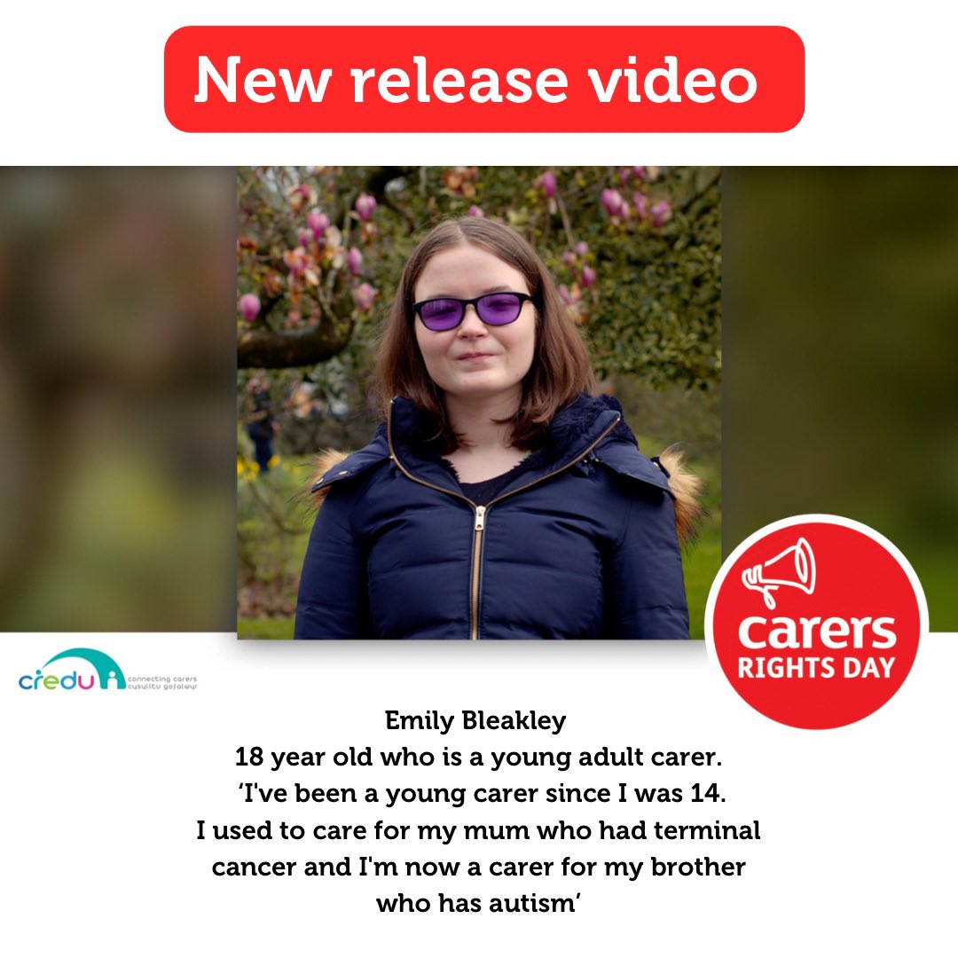 Emily Bleakley “I'm 18 I'm a young adult carer I've been a young carer since I was 14 I used to care for my mum who had terminal cancer now a carer for my brother who has autism” youtu.be/L-PKZtjNmKc @creducarers #CreduCarersRightsDay #CarersRightsDay