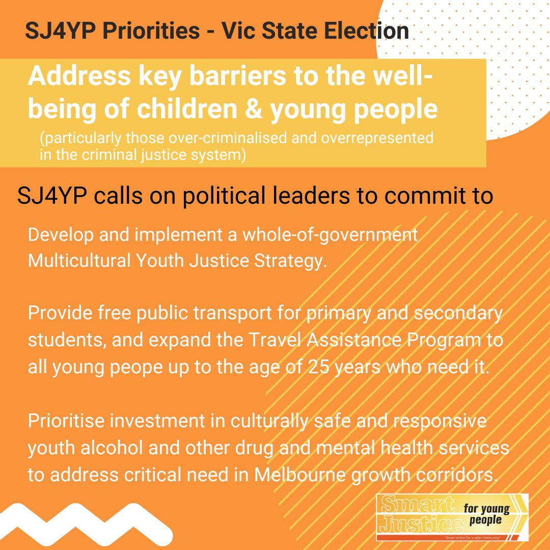 SJ4 Young Peopleš (@smartjusticeyp) on Twitter photo We call on political leaders to prioritise addressing key barriers to well-being, particularly experienced by young people overrepresented in the criminal justice system
Check out all our priorities: youthlaw.asn.au/wp-content/uplā¦
<a href="/DanielAndrewsMP/">Dan Andrews</a>
<a href="/MatthewGuyMP/">Matthew Guy MP</a>
@WEstjusticeCLC We call on political leaders to prioritise addressing key barriers to well-being, particularly experienced by young people overrepresented in the criminal justice system
Check out all our priorities: youthlaw.asn.au/wp-content/uplā¦
<a href="/DanielAndrewsMP/">Dan Andrews</a>
<a href="/MatthewGuyMP/">Matthew Guy MP</a>
@WEstjusticeCLC