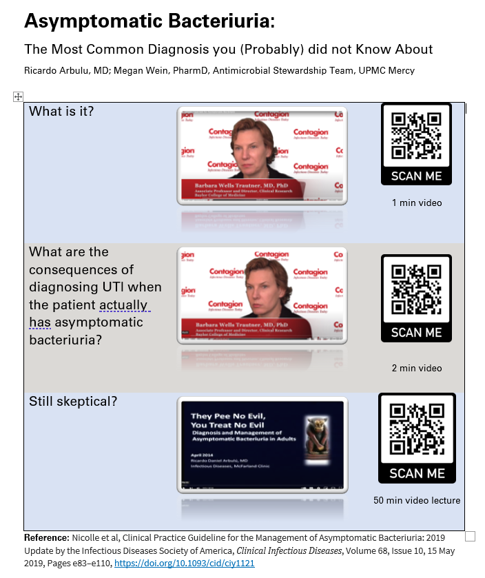 For Antibiotic Awareness Week, we are hitting hard on asymptomatic bacteriuria. 

We'll be handing these one-pagers. Public thanks to <a href="/bwtrautner/">Barbara Trautner</a> and <a href="/Contagion_Live/">Contagion</a> for the spot-on YT interview!

The third link is yours truly, but young.

DM me if you want the Word file.