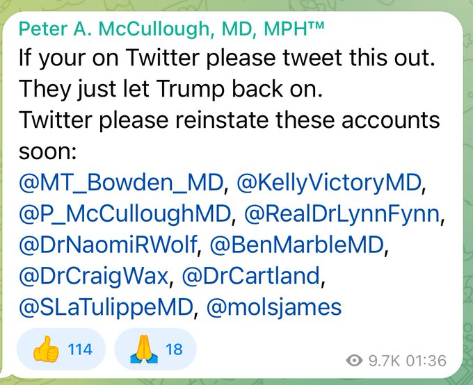 SourceForTruth's tweet photo. From the #Telegram acc't. of #DrPeterMcCullough. Please take note of who he does not include in this list of #Doctos to be reinstated on twitter. The good, honest docs have seen the irrefutable evidence regarding #RobertMalone. https://t.co/OyMQksoXK1