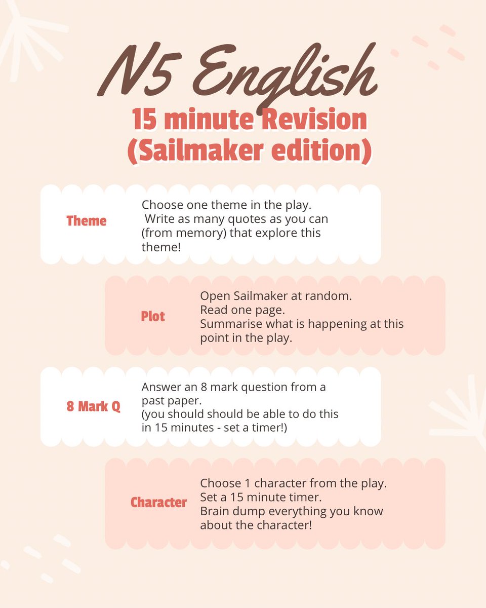 The National 5 English prelim is 3 weeks today! 📚 

Use our 15-minute revision guide to help you prepare for Sailmaker ⛵️ 

<a href="/CarlukeHS/">Carluke High School</a> #EnglishRevision #Prelims #Sailmaker