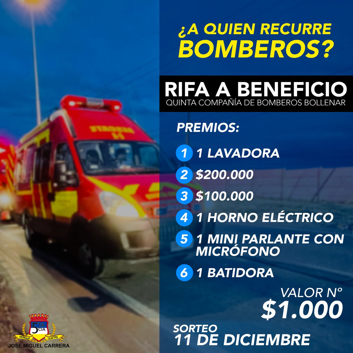 Quinta_Bollenar's tweet photo. ¡¡ALERTA DE CAMPAÑA ECONÓMICA!!

Recuerda que nuestra campaña económica, estaremos vendiendo números de rifa durante los meses Noviembre y Diciembre. 🚒

Premios a repartir
✅ 1 Lavadora
✅ $200.000 
✅ $100.000
✅ 1 Mini Parlante con micrófono
✅ 1 Horno eléctrico 
✅ 1 Batidora https://t.co/6VshP1Prpu