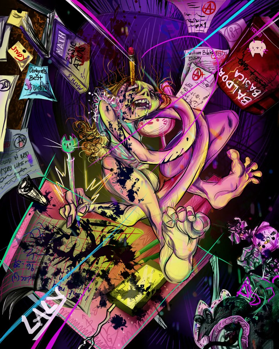 SourLaly's tweet photo. Andamos igual nenita, que dormir no es para estudiantes
 Mucha suerte en estas semanas de exámenes 🤍

Quise intentar un esquema monocromático esta vez, porque, porqué no? 

#horrorvacuoi #colorfulart #goreart #OneLove
#studentlife #schoolgirl #opencomissions #artevenezuela https://t.co/GAQHnvAie5
