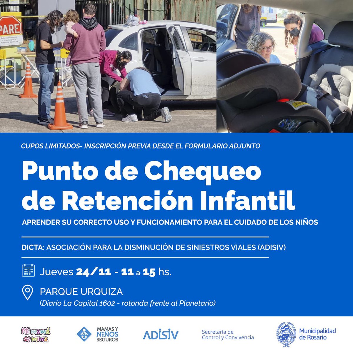 El próximo 24/11 vamos a estar de 11 a 15 hs en el Parque Urquiza junto a <a href="/ADISIV_/">@ADISIV</a> realizando un Punto de Chequeo de Retención Infantil para cuidar a nuestros niños y contribuir a reducir siniestros viales.
Inscribite por acá: forms.gle/tjrWLoSgVWEyGr…
Los esperamos.