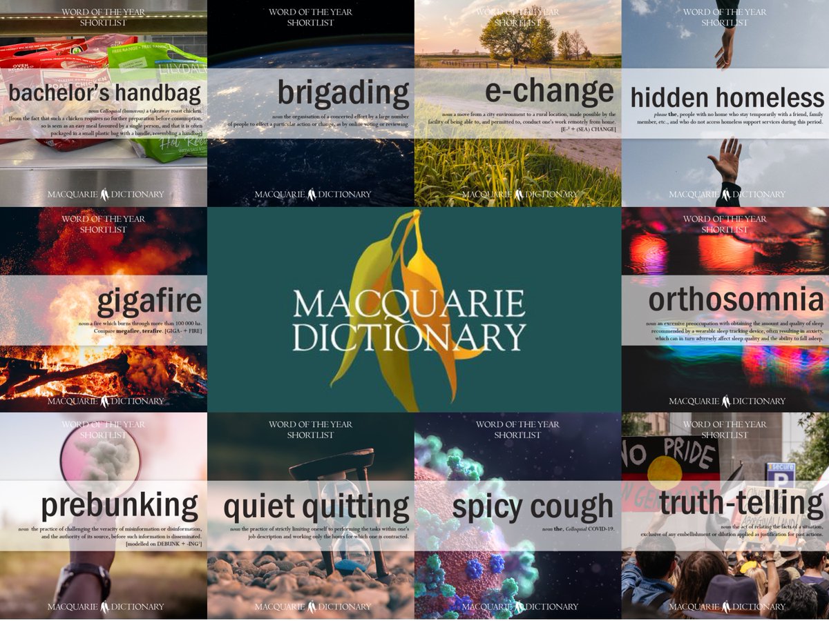 One of our favorite announcements for Word of the Year comes from Australia's Macquarie Dictionary. Our faves: Bachelor's handbag, Manifest, Merroir, TWAT, Parklet, Prejuvenation, Prebunking, Wishcycling #WOTY #WOTY22 @MacqDictionary 🌏 planeta.com/macqwoty22