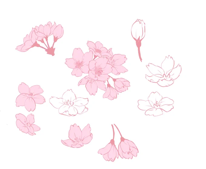 最終調整の段階なのに絵の手前側に来る桜の花一つずつ手描きしてる。これを複製して桜の花の塊を作る 