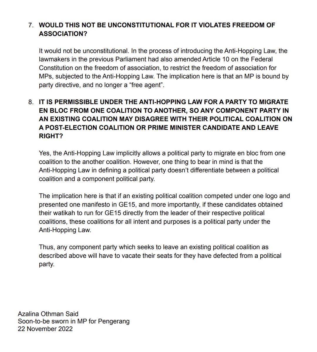 AzalinaOthmanS's tweet photo. FAQ on the Anti Hopping Law Post-GE15 https://t.co/AagjLEFPhT