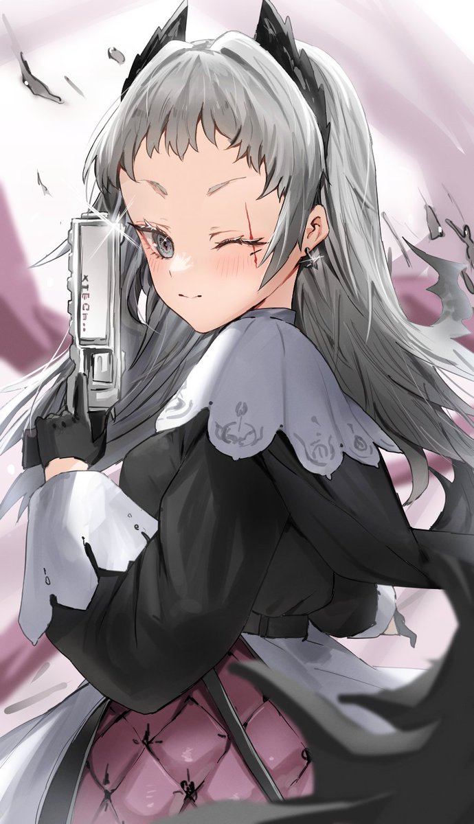 irene (arknights) 1girl solo one eye closed weapon gun holding grey hair  illustration images