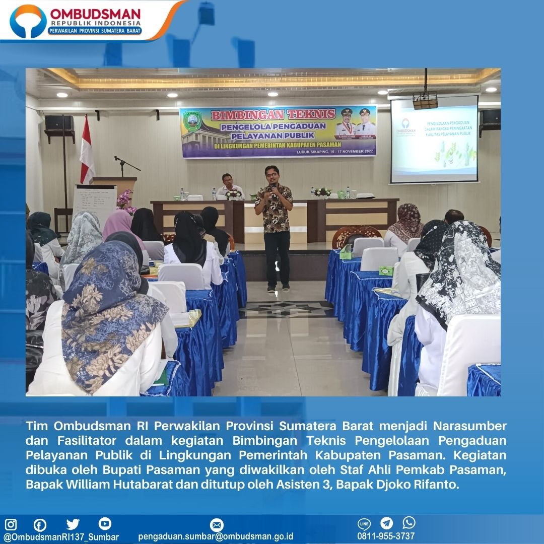 OmbudsmanSumbar's tweet photo. Tim Ombudsman RI Perwakilan Provinsi Sumatera Barat menjadi Narasumber dan Fasilitator dalam kegiatan Bimbingan Teknis Pengelolaan Pengaduan Pelayanan Publik di Lingkungan Pemerintah Kabupaten Pasaman. 
#Awasitegurlaporkan
#OmbudsmanRI
#OmbudsmanRISumbar https://t.co/6KVN8kKF3K