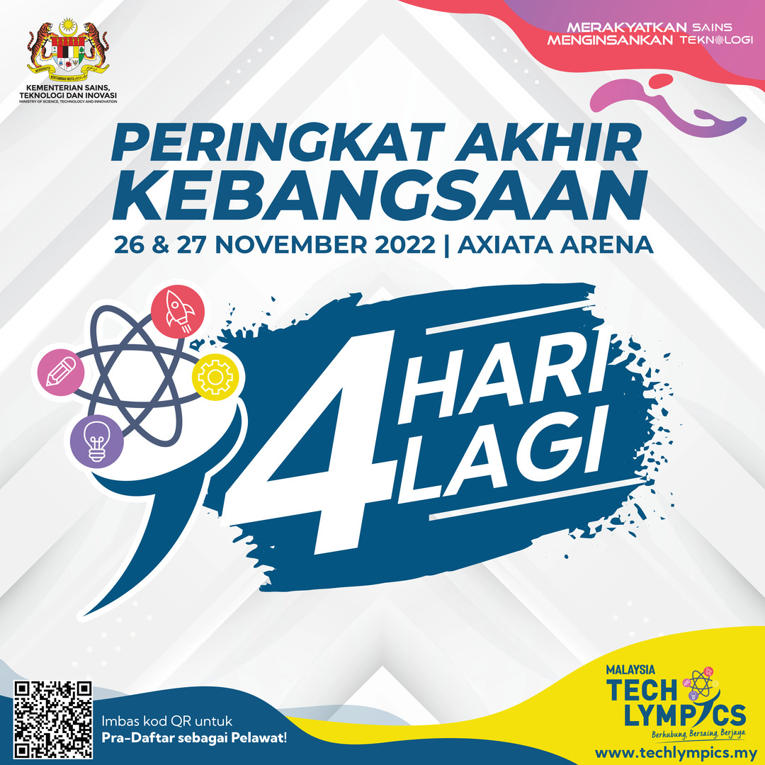 Hampir tiba masanya untuk persaingan di Peringkat Akhir Kebangsaan! Hanya tinggal 4 hari lagi, sudahkah anda bersiap sedia untuk #berhubungbersaingberjaya dalam persaingan yang dinantikan pada hujung minggu ini? #MalaysiaTechlympics #BerhubungBersaingBerjaya #MOSTI #STIE