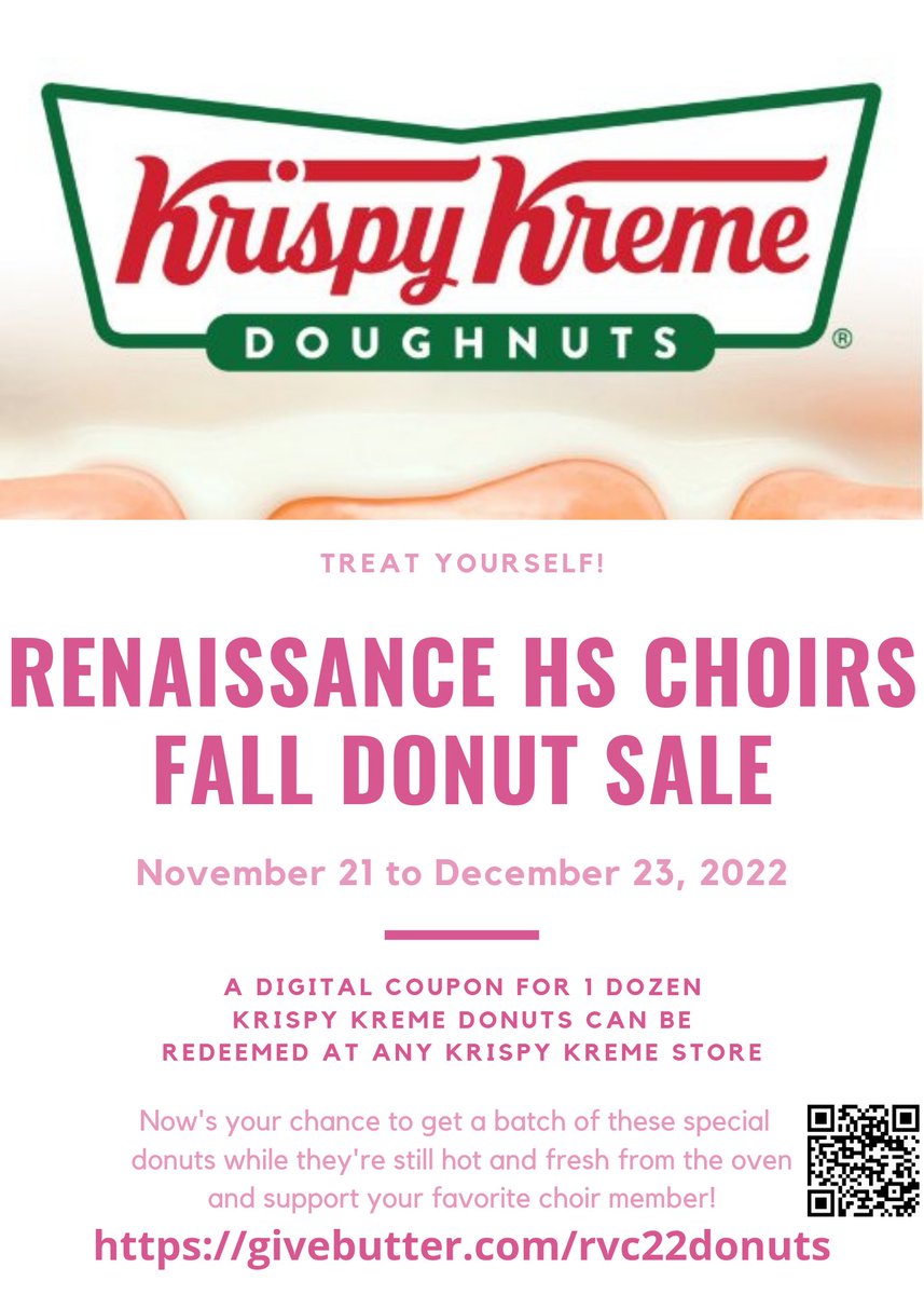 VarsityChorus65's tweet photo. It's that time of year for @krispykreme Digital Dozens. If you want to purchase coupons for delicious Krispy Kreme Donuts and Support Renaissance Varsity Chorus, scan the QR Code below. https://t.co/HyXA7sGwS8