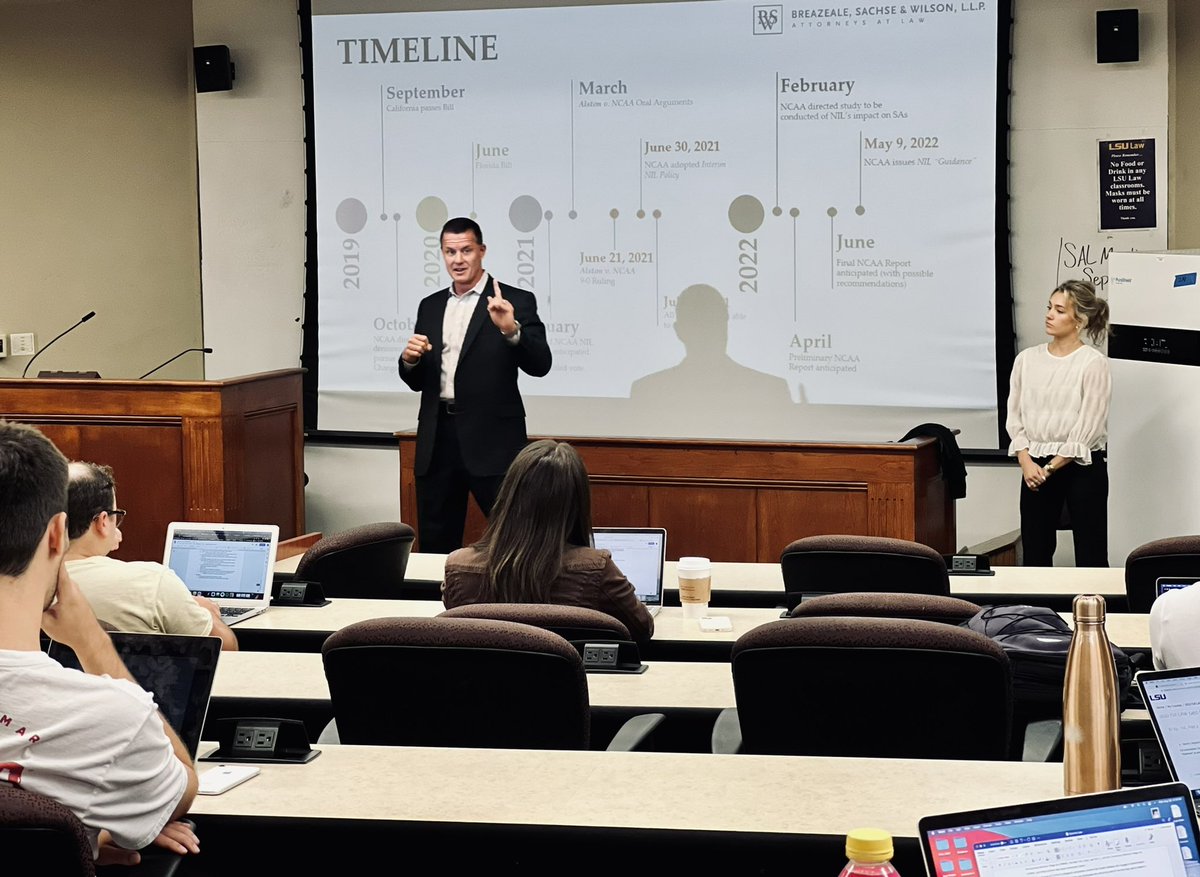 Dflesh10's tweet photo. As this semester wraps up, I want to thank each of our guest speakers for generously taking time out of their busy schedules to share their stories, experiences, and expertise in sports with the @LSULawCenter Sports Law class! @WMcGuffey https://t.co/mxXreE0Nxs