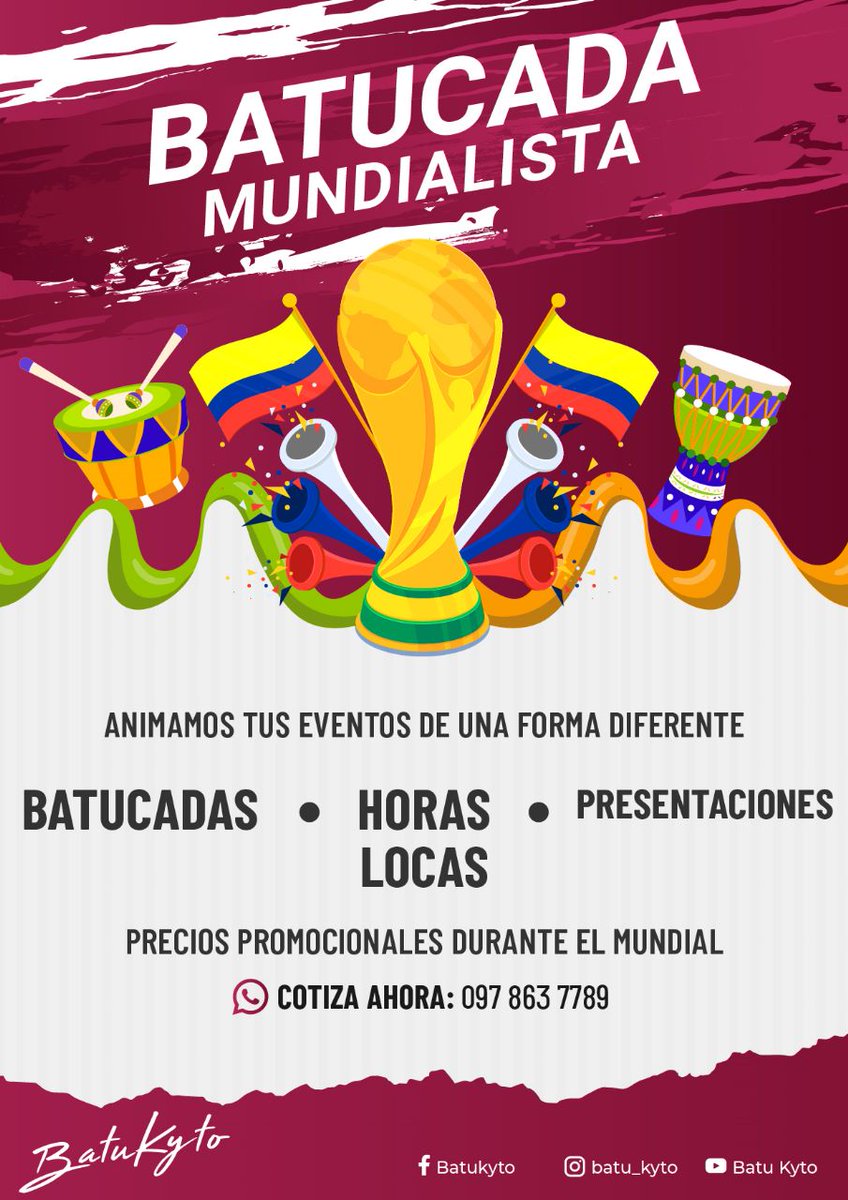 BatuKyto's tweet photo. Agenda tu presentación con #Batukyto y diviértete este mundial ⚽️ de principio a fin viva #Ecuador que no pare la diversión que viva la #seleccionecuatoriana🇪🇨🔥🥁🥳 https://t.co/6hX6XfMjic