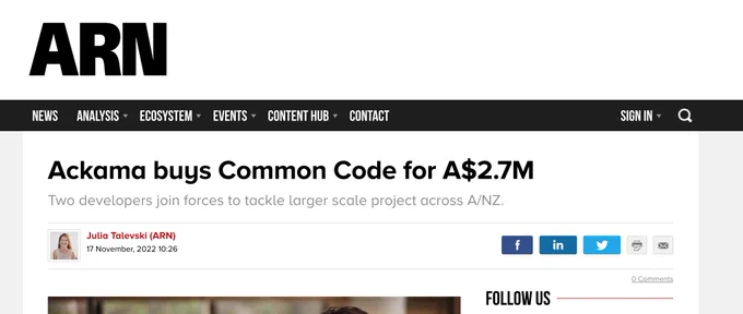 screenshot of ARN website "Ackama buys Common Code for A$2.7M
