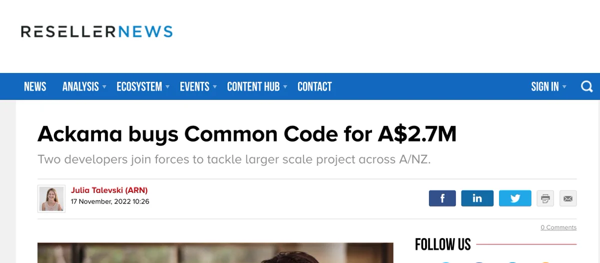 screenshot: Reseller News "Ackama buys Common Code for A$2.7M