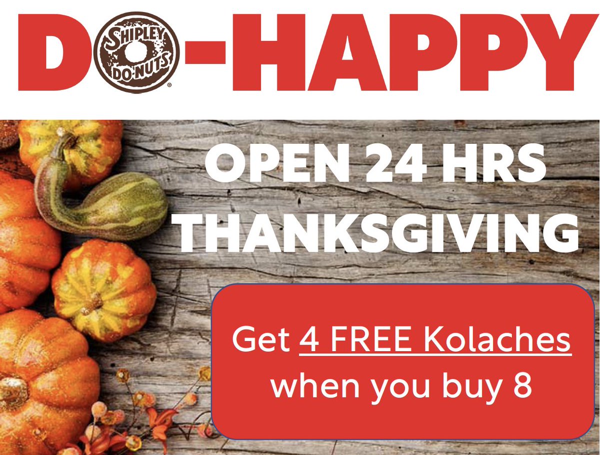 This Thursday and Friday only, get 4 free kolaches of equal or lesser value when you buy any 8 kolaches at regular price.

This offer is valid exclusively at Shipley Do-Nuts 12403 Westheimer location.