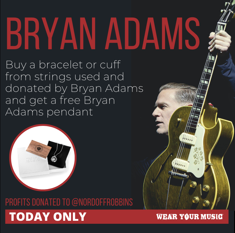 bryanadams's tweet photo. 12/2: TODAY ONLY! When you purchase a guitar string bracelet or cuff made from strings used and donated by Bryan Adams – you get a FREE Bryan Adams guitar string pendant necklace too! Profits to @nordoffrobbins. Exclusively at @WearYourMusic  https://t.co/uSiYvZKvvG https://t.co/JhdXuEc8Kf