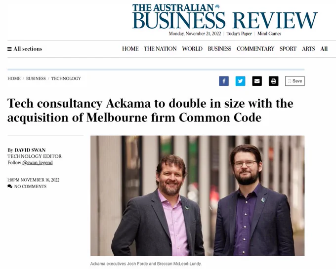 screenshot of Australian Business Review article and photo of Breccan and Josh
