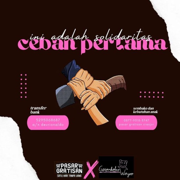 Tapi sebeberapa cepat donasi tersebut di distribusikan secara merata, semua itu agar suplai donasi berkelanjutan sesuai kebutuhan masyarakyat terdampak. Dan tidak cuma “Saharitaeun.” 

Diteruskan dari; <a href="/PasargratisBdg/">Pasar Gratis</a> 

Info donasi : cek instagram @/pasargratisan