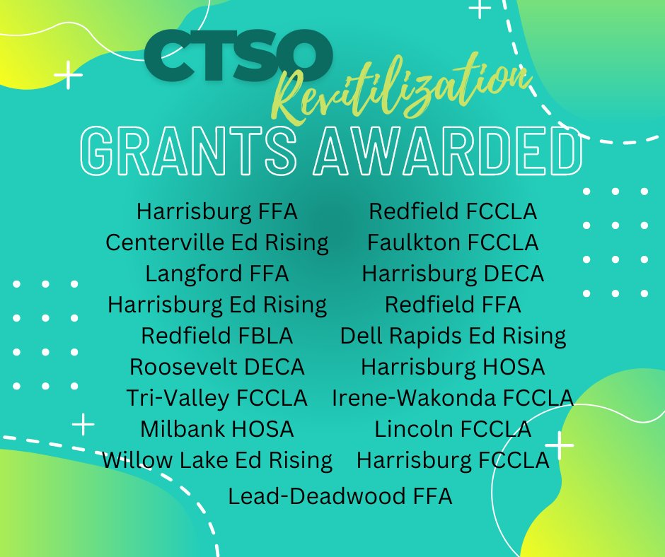 SDFCCLA's tweet photo. CONGRATULATIONS to these CTSO Chapters with great plans to revitalize their chapters for years to come! #sdfccla 

We are all excited to see the impact these funds have on your student members!

In no particular order: https://t.co/14YDlwG7HT