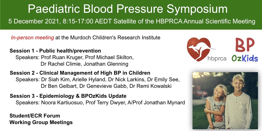 The final program for the <a href="/BPOzKids/">BPOzKids</a> @HBPRCA Paediatric #BloodPressure Symposium is out. With <2 weeks to go, register now! Speakers include <a href="/ProfRuanKruger/">Ruan Kruger, PhD ISHF</a> <a href="/SkiltonMike/">Michael Skilton</a> <a href="/RachelClimie/">Dr Rachel Climie</a> <a href="/glenningj/">Jonathan Glenning</a> <a href="/_siahk/">Siah Kim</a> <a href="/nglarkins/">Nicholas Larkins</a> <a href="/RemiKowalski/">Remi</a> <a href="/jonathanmynard/">Jonathan Mynard</a>

hbprca.com.au/save-the-date-…