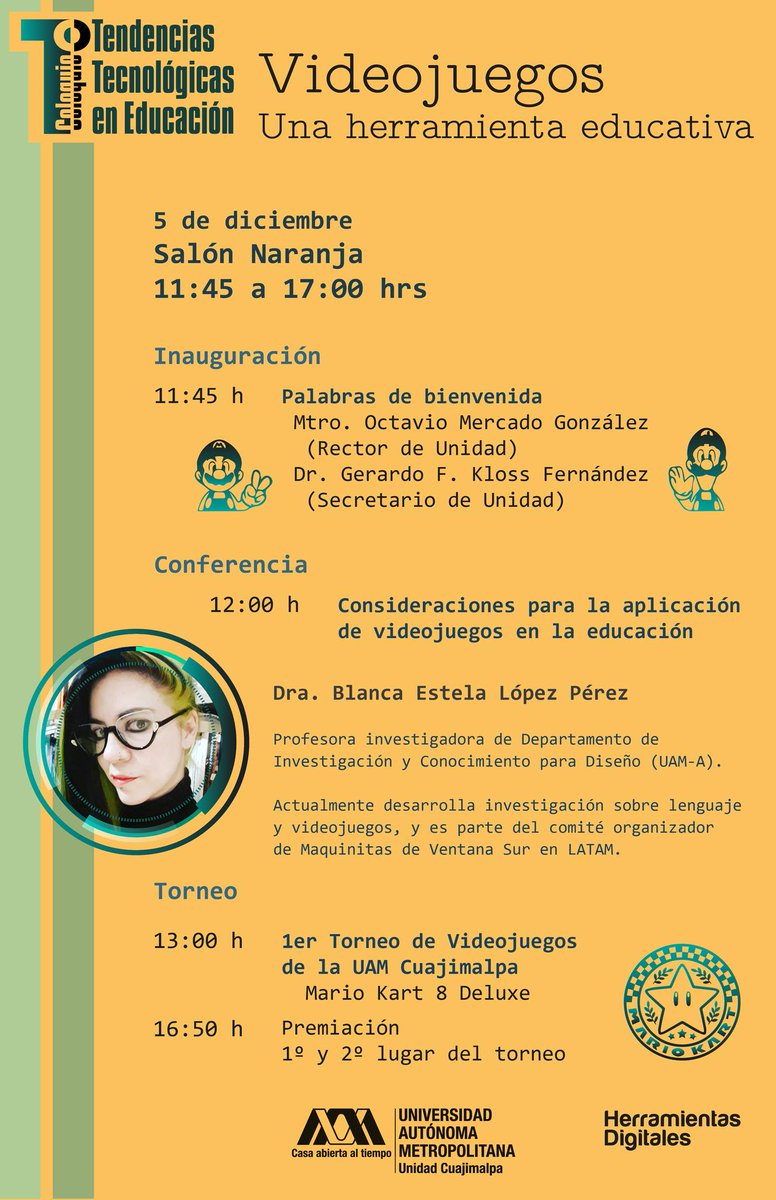 El 5 de diciembre tendremos la jornada Videojuegos. Una herramienta educativa.
Checa el programa y si quieres participar en el torno, incríbete aquí: docs.google.com/.../1FAIpQLSeg…
#gamestudies #culturaludica