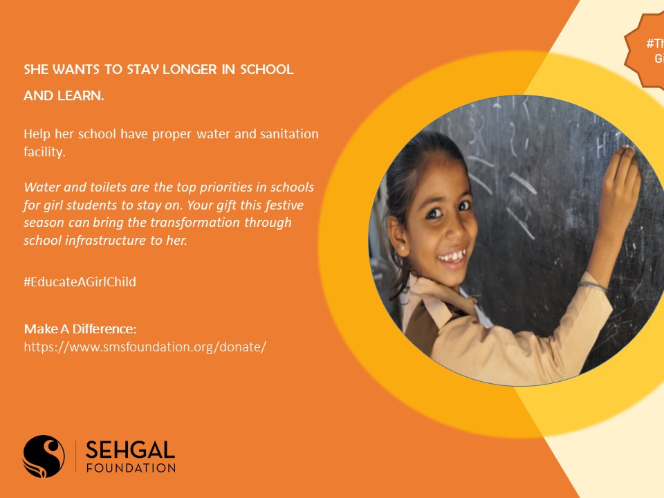 Water and toilets are the top priorities in schools for girl students to stay on. Your gift this festive season can bring the transformation through school infrastructure to her. 
Make A Difference:
smsfoundation.org/donate/
#EducateAGirlChild #ThrillofGiving #TransformLives