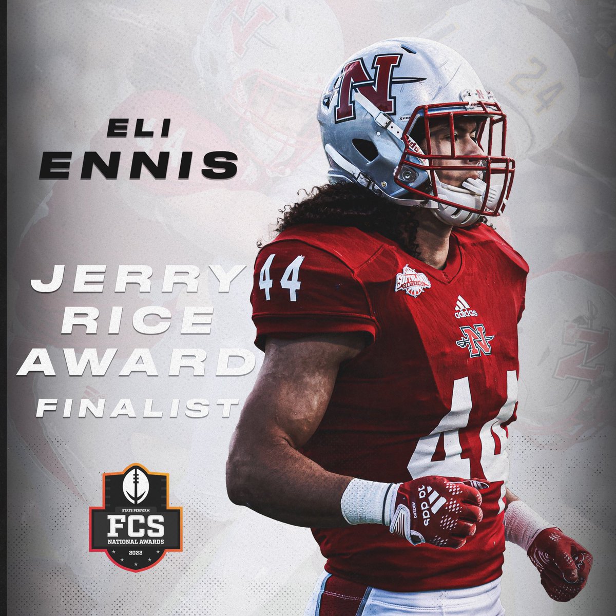 Nicholls_FB's tweet photo. 𝙴𝙻𝙸𝚝𝚎

One of 2️⃣5️⃣ players named @FCS_STATS Jerry Rice Award Finalist. Congrats to Eli Ennis. 

#uNit | #geauxcolonels https://t.co/TYObnmYO6M