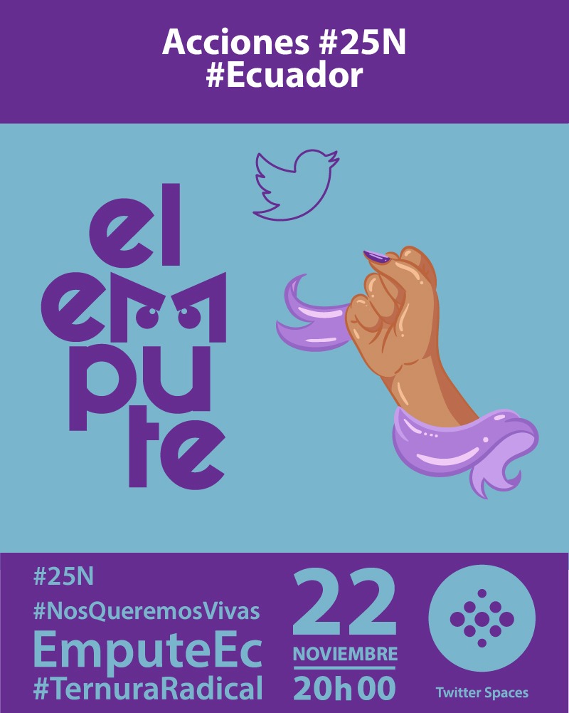 EmputeEC's tweet photo. 🟣 22Nov22 - 8PM l Conversaremos sobre las acciones planteadas para el #25N y de las exigencias que Gobierno de 🇪🇨 debe escuchar y resolver. #VivasNosQueremos
#TernuraRadical para avanzar y resistir

@DDHH_Alianza @sybelmartinez @JUAKITA007 @SurkunaEc @AColectivaEC @EcMujeres https://t.co/0u8Eug1JkL