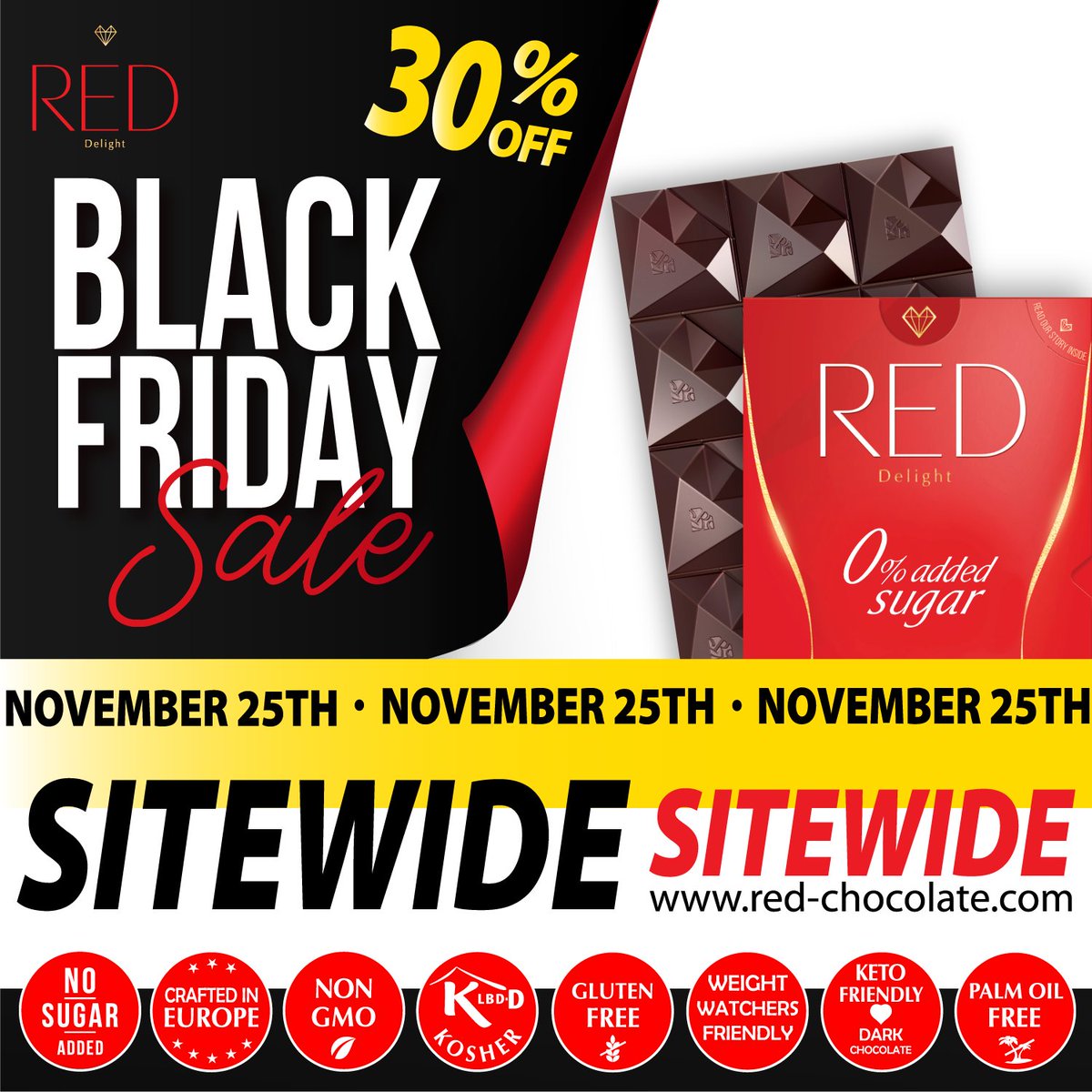 RedChocolette's tweet photo. On Black Friday, November 25th, RED Chocolate is offering 30% off on all orders site-wide!!!🍫🍫PROMO CODE: TGIF30😍 SAVE THE DATE! #BLACKFRIDAY #REDCHOCOLATE #REDCHOCOLETTE #REDDELIGHT #SALE #CHOCOLATE #CANDY #SWEETS #SWEETDEALS #TGIF
https://t.co/5dCgKuB3jU https://t.co/KONy5KCVJy