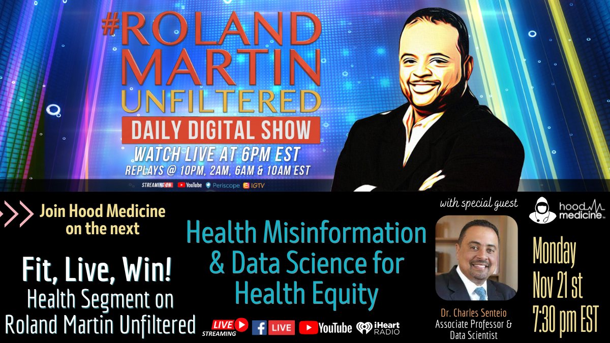 hood_medicine's tweet image. We're live now for #FitLiveWin w/ #HoodMed on @RolandSMartin Unfiltered! Dr. @CharlesSenteio is here to break down health misinfo &amp;amp; how data science can be used for health equity.

🗓️Mon Nov 21st 7:30pm EST
🖥️Live on @Facebook, @YouTube &amp;amp; @BlkStarNetwork
🎧Audio Podcast Apps
🦍
