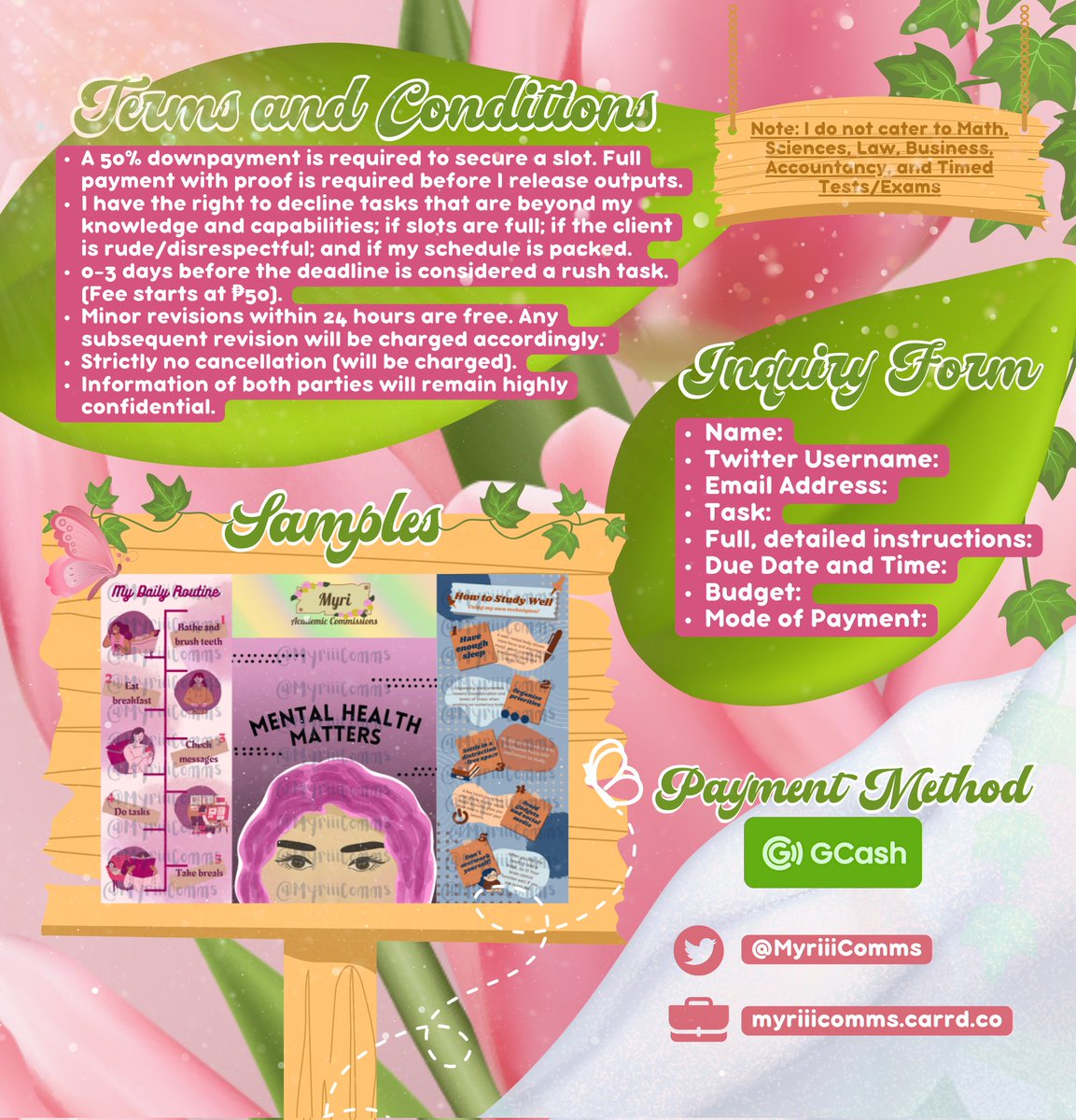 Hi there!

Myri🌸is always willing to help you with your tasks! High-quality outputs are guaranteed. Kindly view my commsheet for my information, services, and TnC. 

🌸Please utilize the inquiry form for faster transactions.

🌸Commsheet by <a href="/aurimielamyy/">OPEN | (auri) graphic designer</a>  #auriscommsheetedits