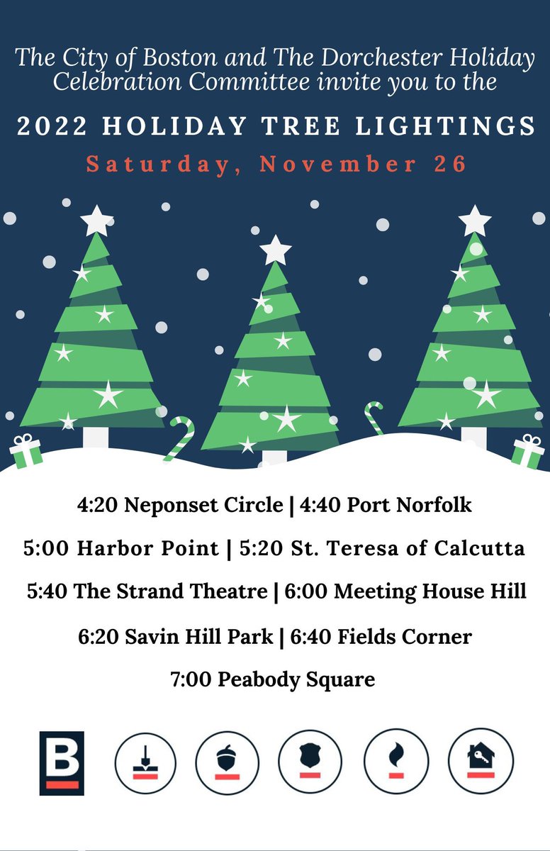 DorchesterONS's tweet photo. Please join the Dorchester Holiday Celebration Committee, Mr. and Mrs. Claus, and @MayorWu (time permitting) as we make our way through Dorchester for our 27th Annual Holiday Tree Lightings this Saturday, Nov. 26—the Trolley is back!!! 🎅🎄🧑‍🎄 https://t.co/SOD99FpF7g