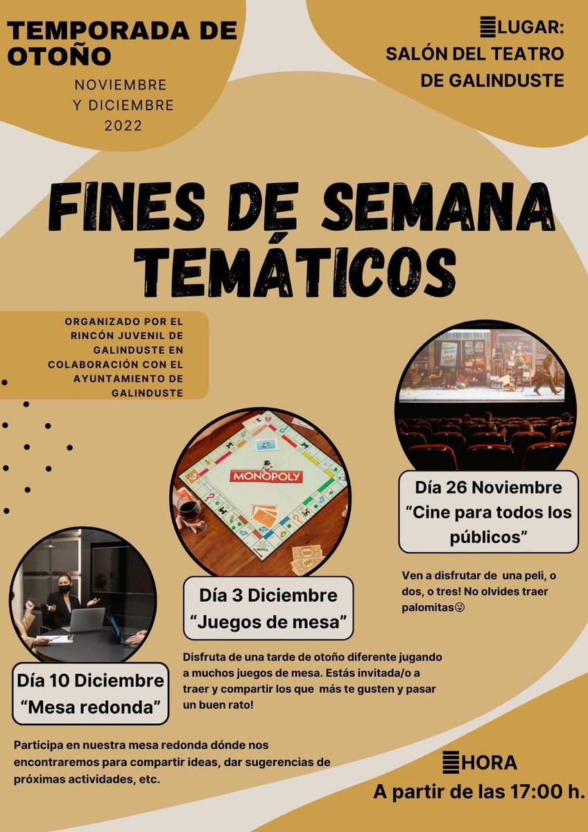 ElRinconGalin's tweet photo. Presentamos las actividades que quedan de la temporada de otoño, os esperamos!!!
 #Asociación #Juvenil #Galinduste #RinconJuvenilDeGalinduste #actividades #findesemana #tematico #cine #juegos #mesaredonda https://t.co/io2wXmZj6E