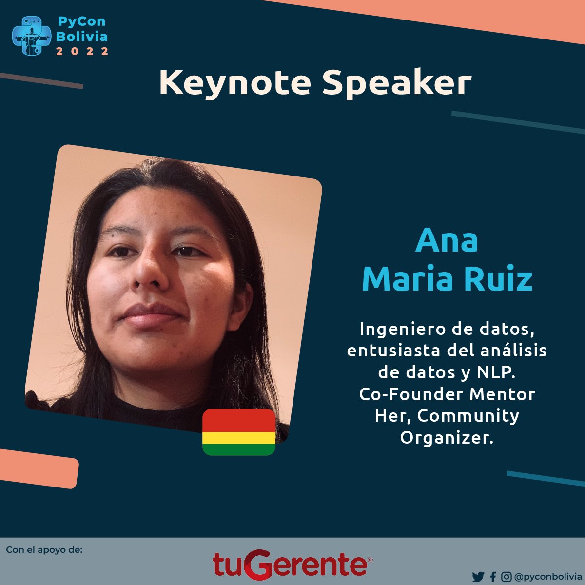 📣 ¡Les presentamos a nuestra Keynote 
<a href="/AnitaRui2/">Anita</a> !📣
🔵Ana nos hablará acerca de Validacion de datos con Python.

Sera todo un placer contar con tan asombrosa Ponente 😃

Siguenos en:
🟡 bo.pycon.org 🐍
#Python #PyCon #Bolivia #pyconbo #python