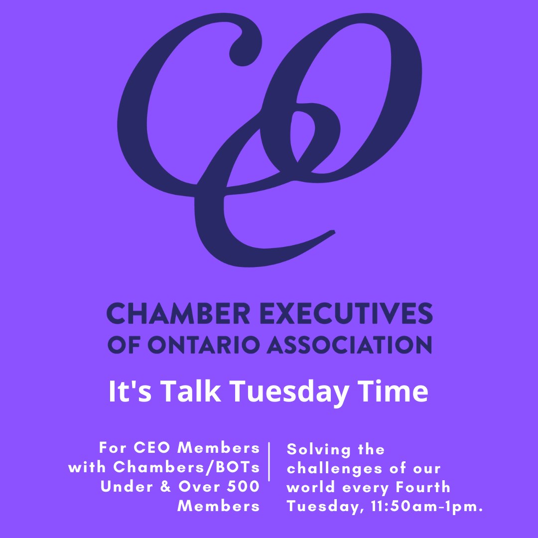 It's Talk Tuesday tomorrow for all CEOs, all sizes of Chambers &amp; Boards of Trade...with NEW host, the incomparable <a href="/stoosnews/">Stuart Harrison</a> (says outgoing host <a href="/muskokahn/">Norah Fountain 🇨🇦</a> who gives up host spot humbly &amp; happily. It's been a pleasure to be your host this past year). See u Tues, CEO!