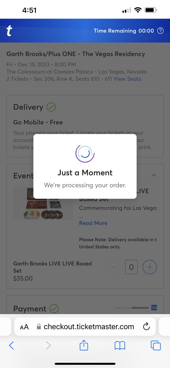Well <a href="/Ticketmaster/">Ticketmaster</a> did it again! Got verified for <a href="/garthbrooks/">Garth Brooks</a> in Las Vegas. Logged in on time and tried to get tickets, each I clicked on got “taken by another fan” before I could pay for them. Finally found some that were twice as much as I wanted to pay and never got through!