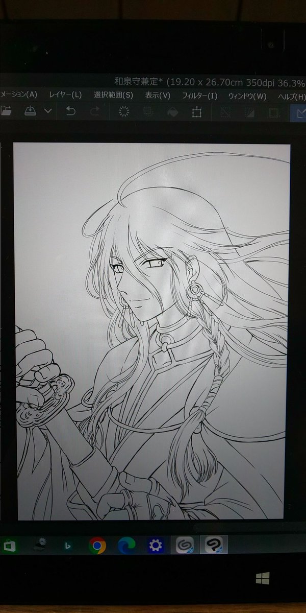 線画完成～!ヽ(^○^)ノ  リハビリで描くには大変な線画だった!でも頭頂部の流れ毛、描き直したの!  「曲線定規」の使い方を覚えて、かねさだけいしはレベルアップした!ヽ(^○^)ノタラララッラ ラッラー♪  #刀剣乱舞 #和泉守兼定