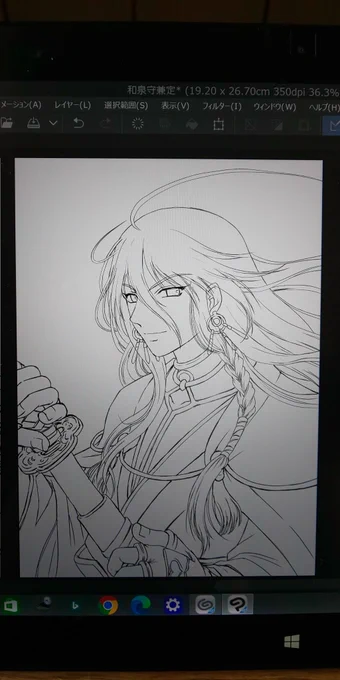 線画完成～!ヽ(^○^)ノ  リハビリで描くには大変な線画だった!でも頭頂部の流れ毛、描き直したの!  「曲線定規」の使い方を覚えて、かねさだけいしはレベルアップした!ヽ(^○^)ノタラララッラ ラッラー♪  #刀剣乱舞 #和泉守兼定