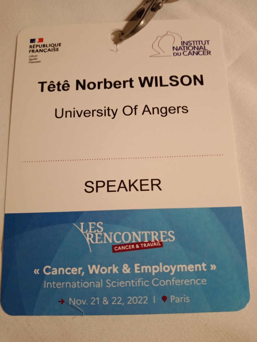 A real pleasure to be selected as speaker at the international scientific conference "Cancer, Work &amp; Employment" organisé by #French National Institut of Cancer, <a href="/Institut_cancer/">Institut national du cancer</a> 
<a href="/SiricIliad/">SIRIC ILIAD</a> 
<a href="/UnivAngers/">Université d'Angers</a> 
#Rework
#Cancer